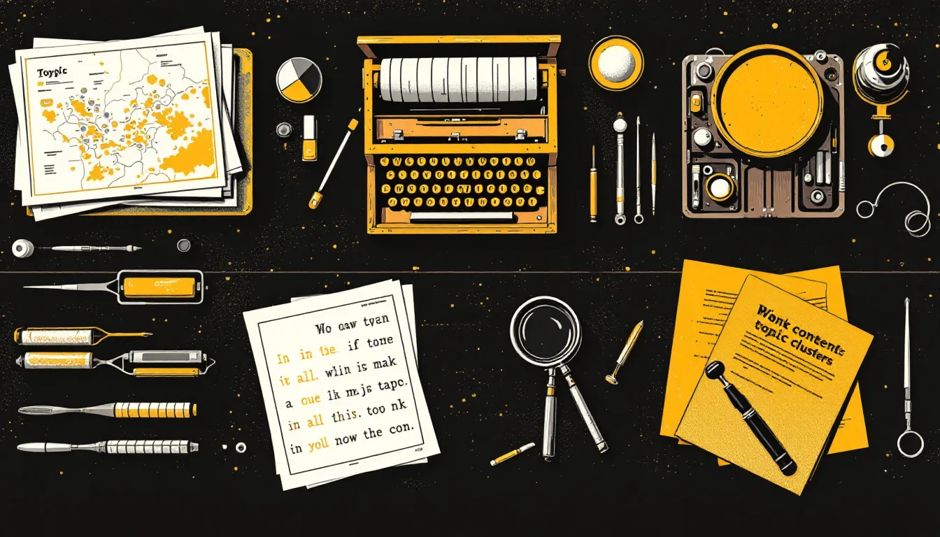 A pop-art screenprint of a content strategist's workbench — type case, loupe, ink rollers and a folded topic map.