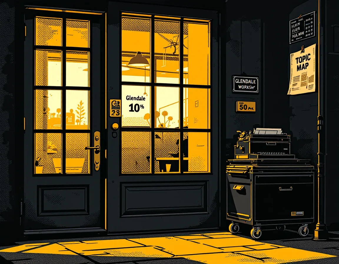 A screenprint of the Plumridge Lane studio doorway at dusk with a brass nameplate and warm amber light.